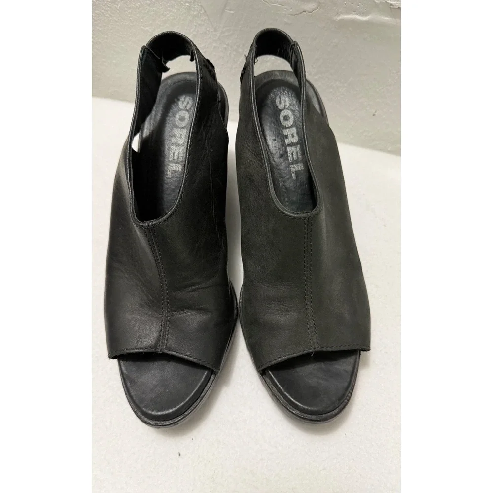 Sorel Joanie II Slingback Wedge Sandal Womens 8.5 Black  Leather Peep Toe